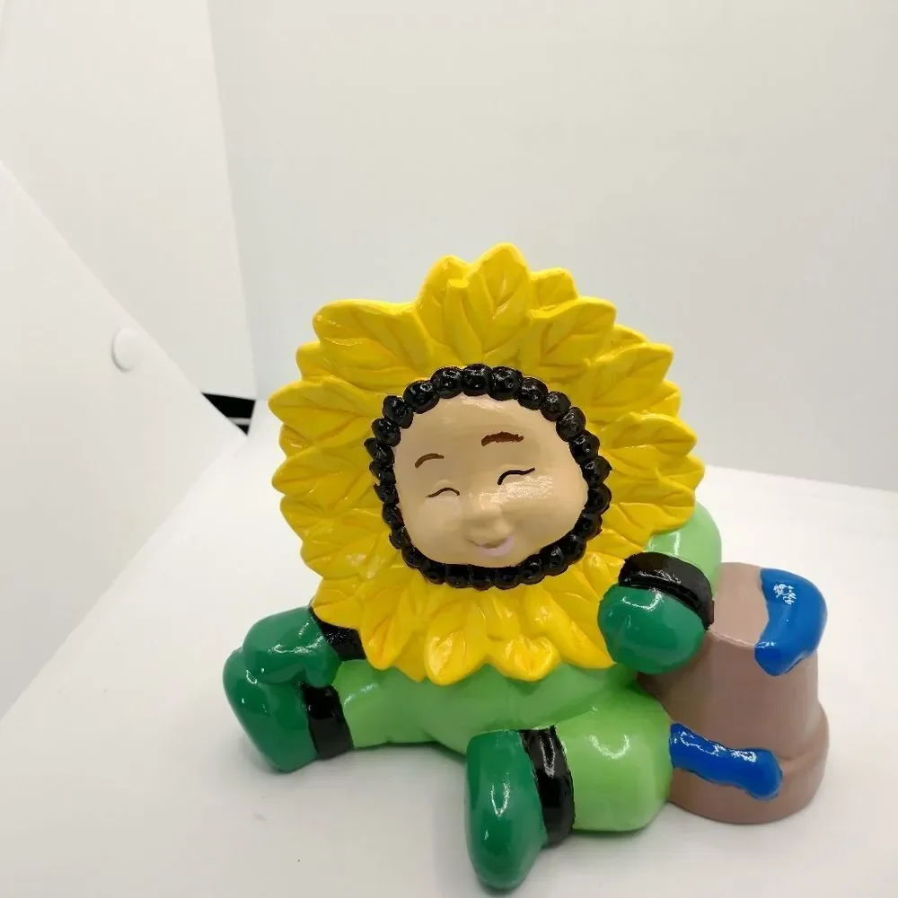 Hand Crafted Sun Flower Baby Figurine Green Flower Pot 5 inch Vintage Ceramic